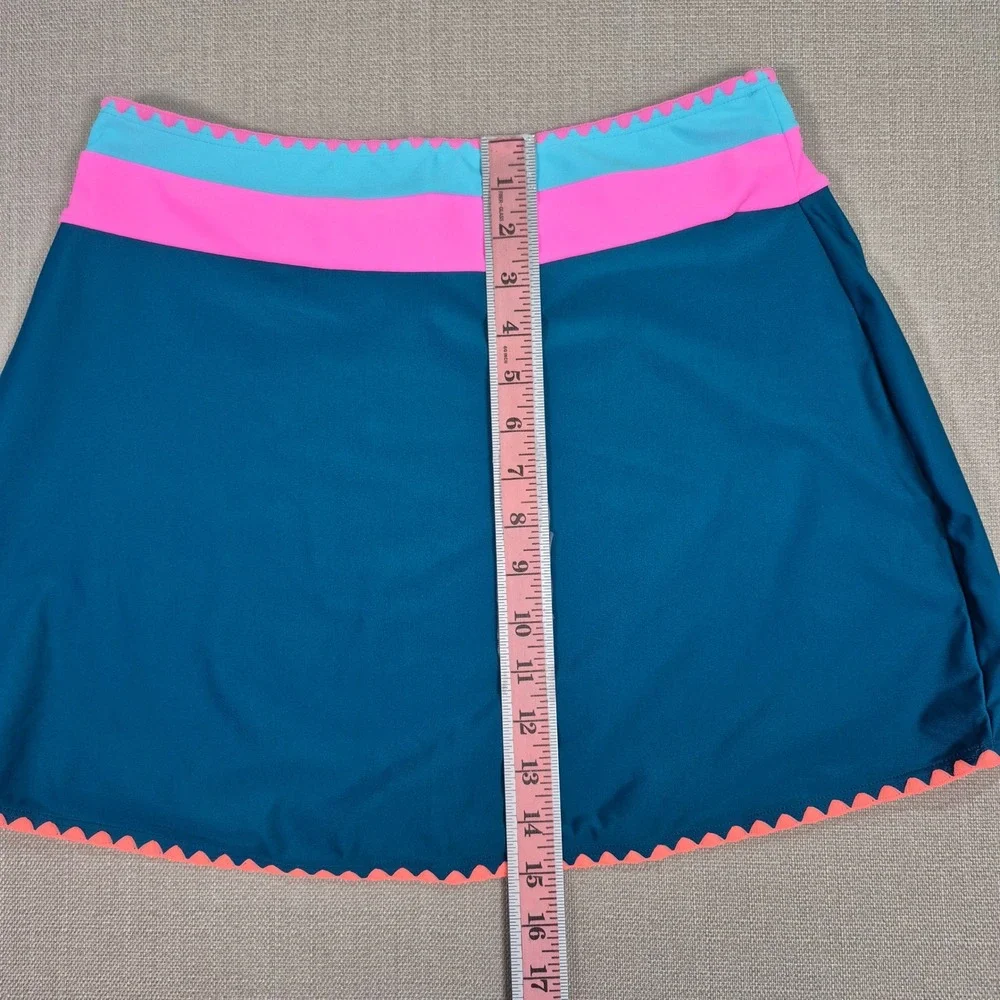 Popvil 3 Piece Swimsuit Set Teal Pink Colorblock Ric Rac Skirt Bikini Womens L